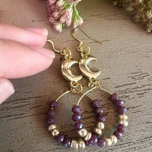 Beaded Gold-tone & Purple Crescent Moon Earrings